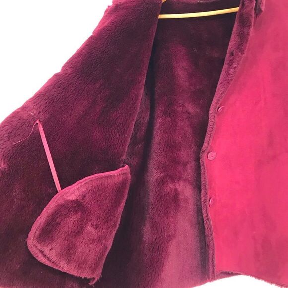 Maroon Faux Suede Burgundy Faux Fur Lined Button Up Holiday Jacket - Picture 7 of 16